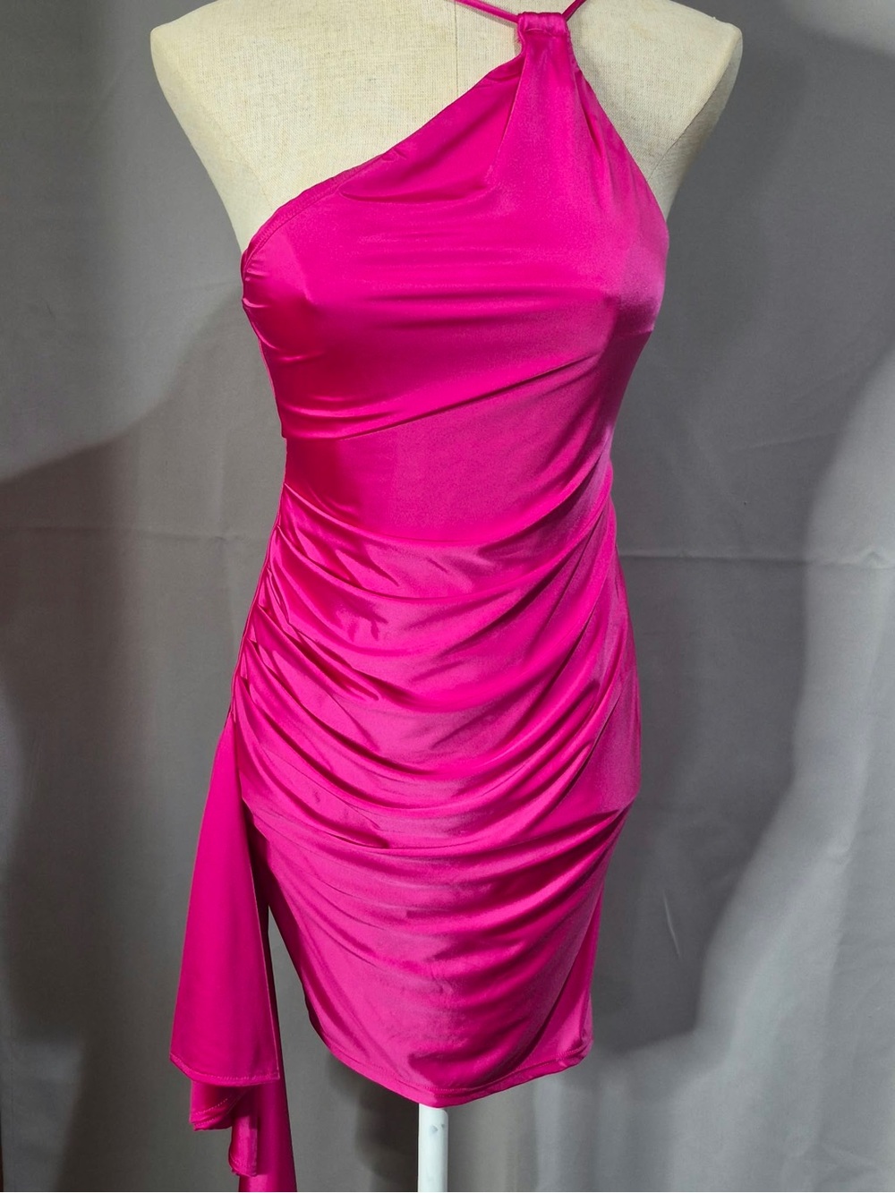 One-Shoulder Hot Pink Ruched Mini Dress